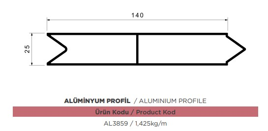 ALUMINYUM PROFIL YAN TAHTALIK V GECME 6.60 MT ( 1MT 1,425 KG )